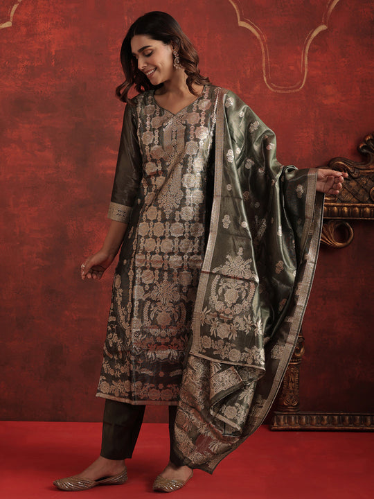 Green Woven Design Silk Blend Straight Kurta Sets With Dupatta