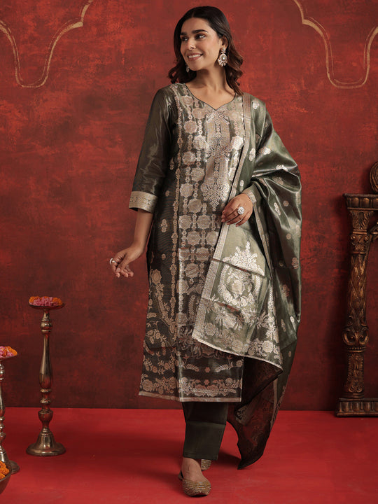 Green Woven Design Silk Blend Straight Kurta Sets With Dupatta