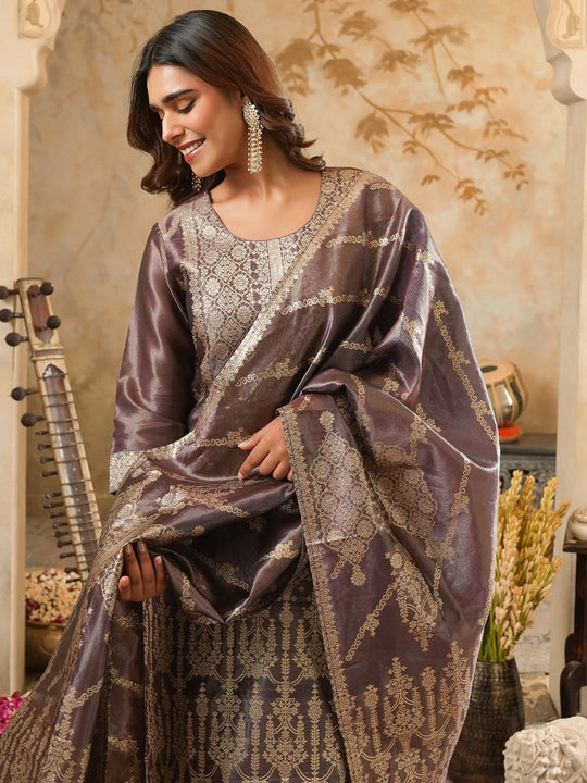 Burgundy Woven Design Silk Blend Straight Kurta Sets With Dupatta