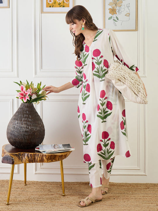 White Printed Pure Cotton A-Line Kurta Sets