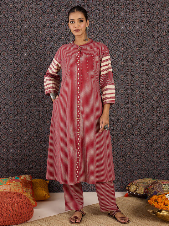 Indo Era Red Printed A-Line Kurta Trousers Set