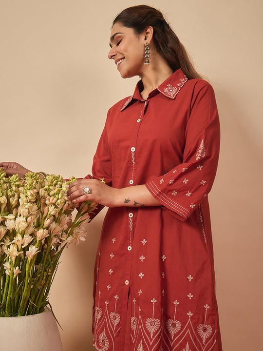 Indo Era Rust Embroidered A-Line Kurta Trousers Set