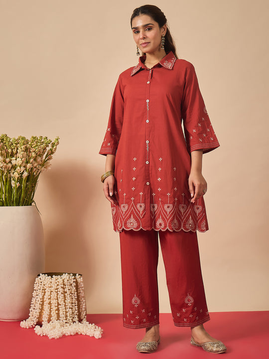 Indo Era Rust Embroidered A-Line Kurta Trousers Set