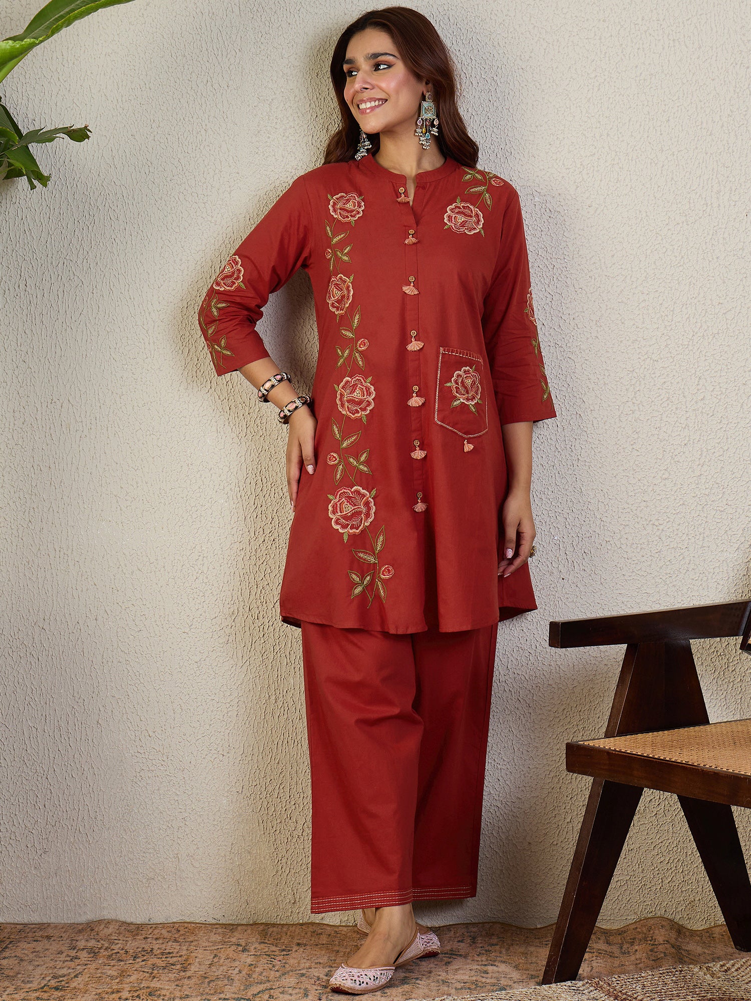 Indo Era Rust Embroidered A-Line Kurta Trousers Set