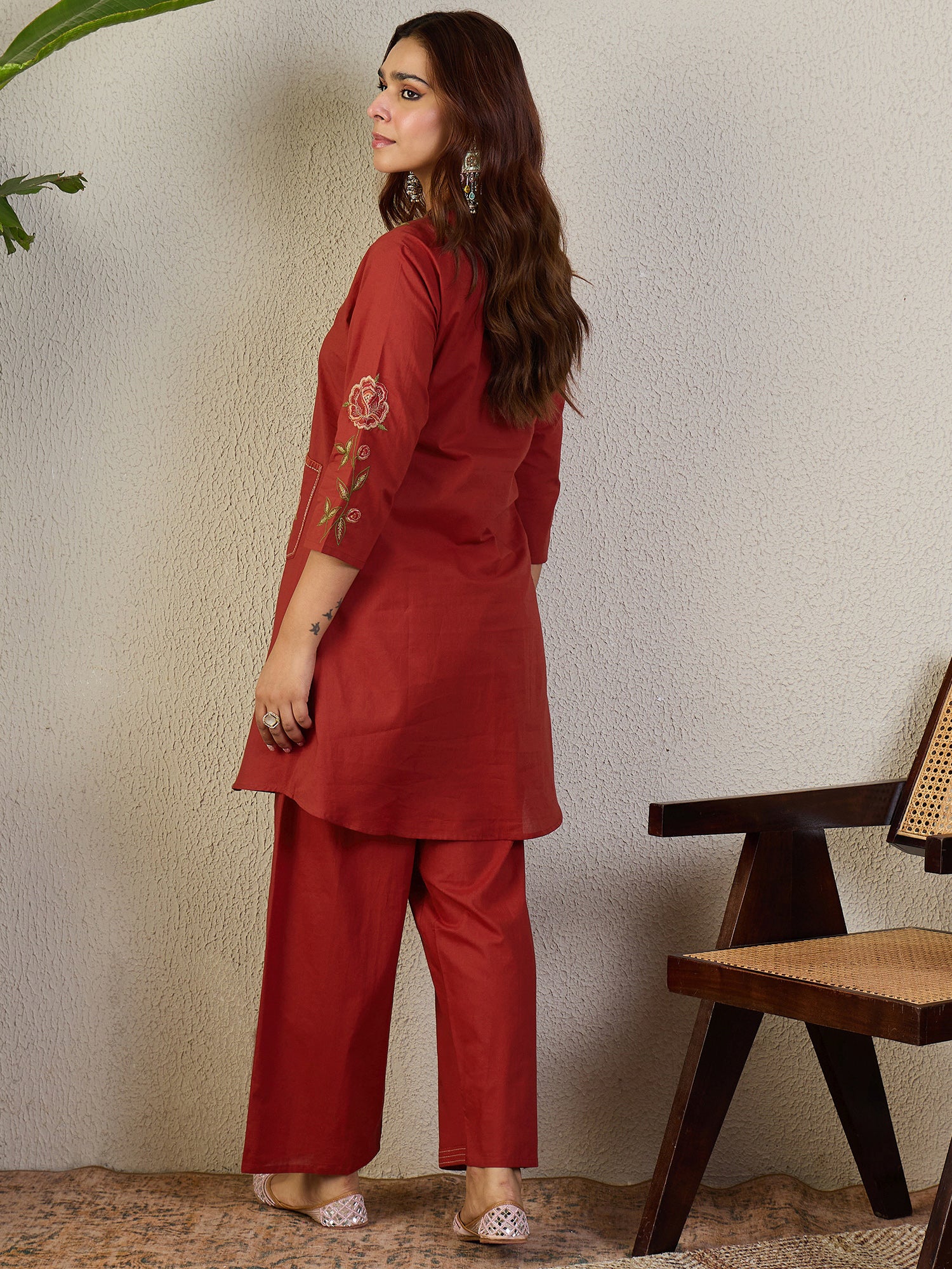 Indo Era Rust Embroidered A-Line Kurta Trousers Set