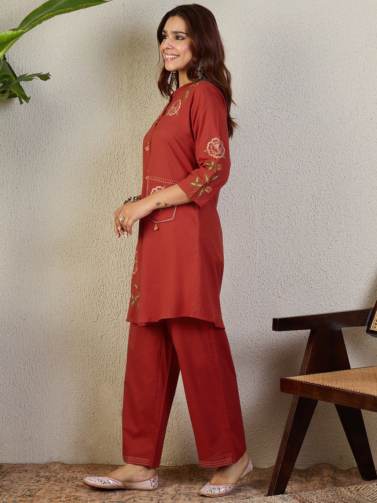 Indo Era Rust Embroidered A-Line Kurta Trousers Set