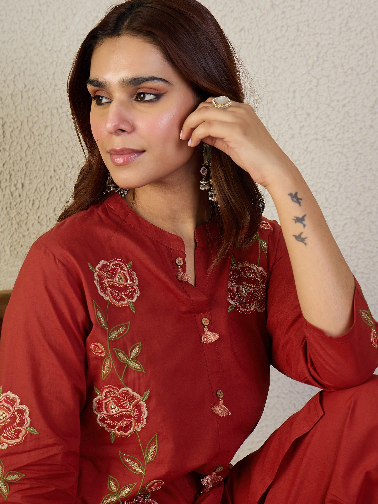 Indo Era Rust Embroidered A-Line Kurta Trousers Set