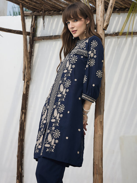 Navy Blue Embroidered Viscose Rayon A-Line Kurta Trousers Set