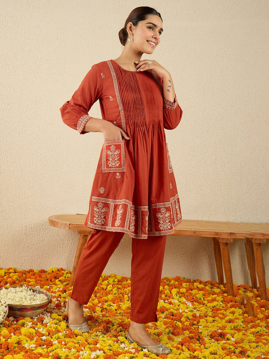 Rust Embroidered A-Line Pure Cotton Kurta Sets