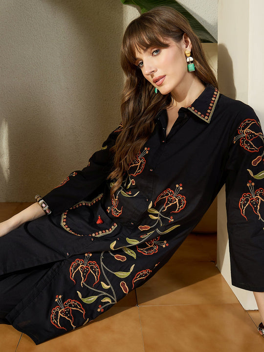 Black Embroidered Pure Cotton A-Line Kurta Trousers Set