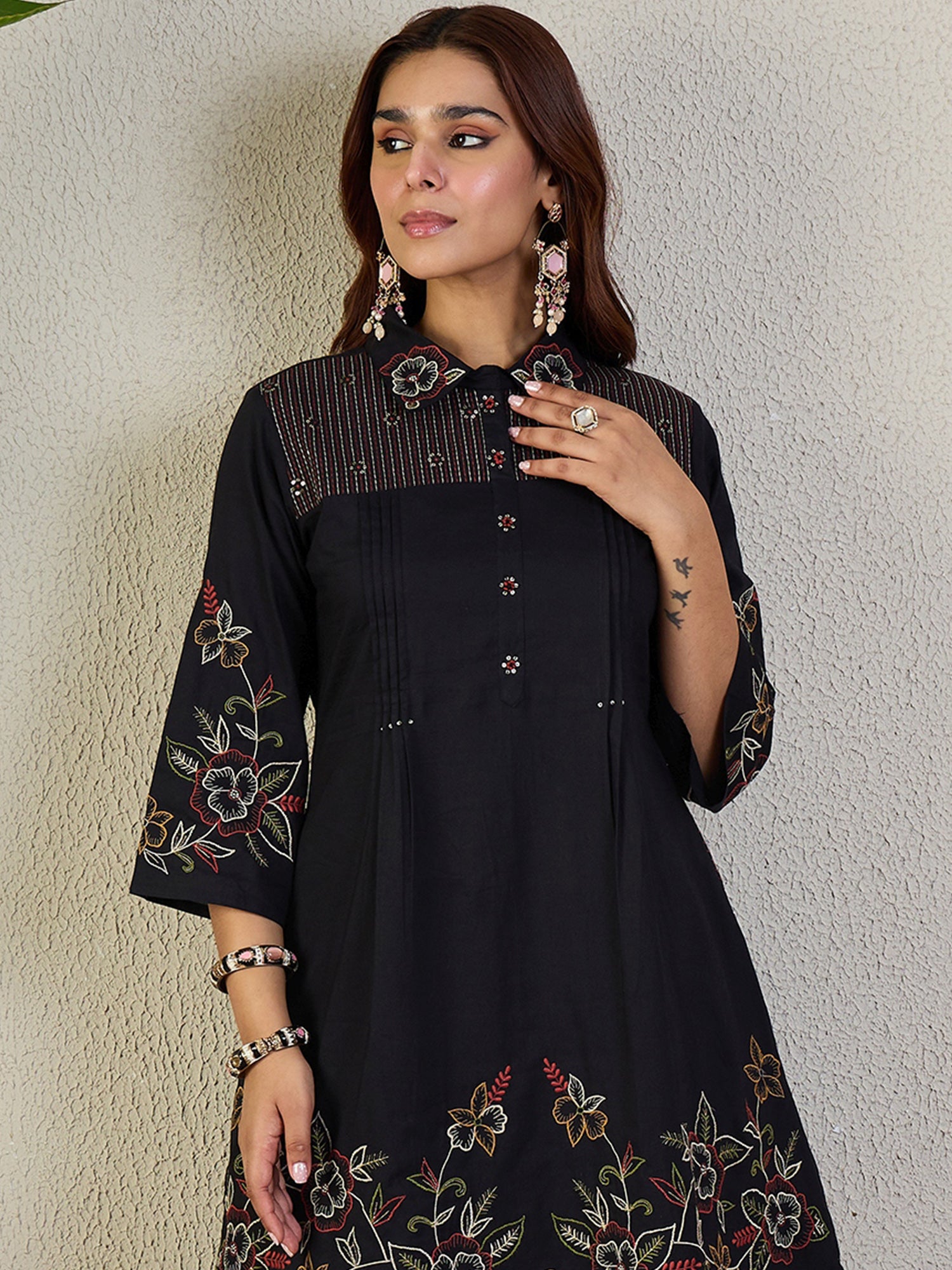 Indo Era Black Embroidered A-Line Kurta Trousers Set