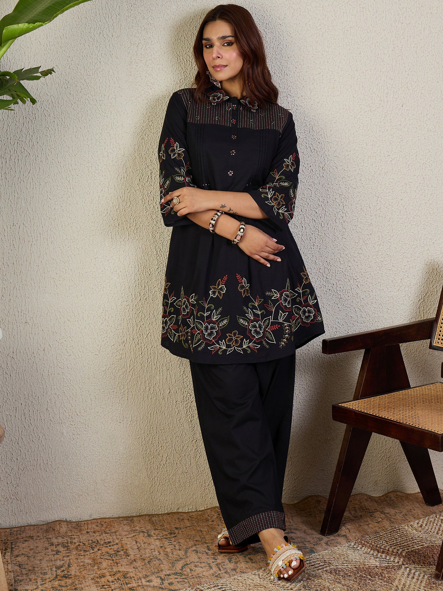 Indo Era Black Embroidered A-Line Kurta Trousers Set