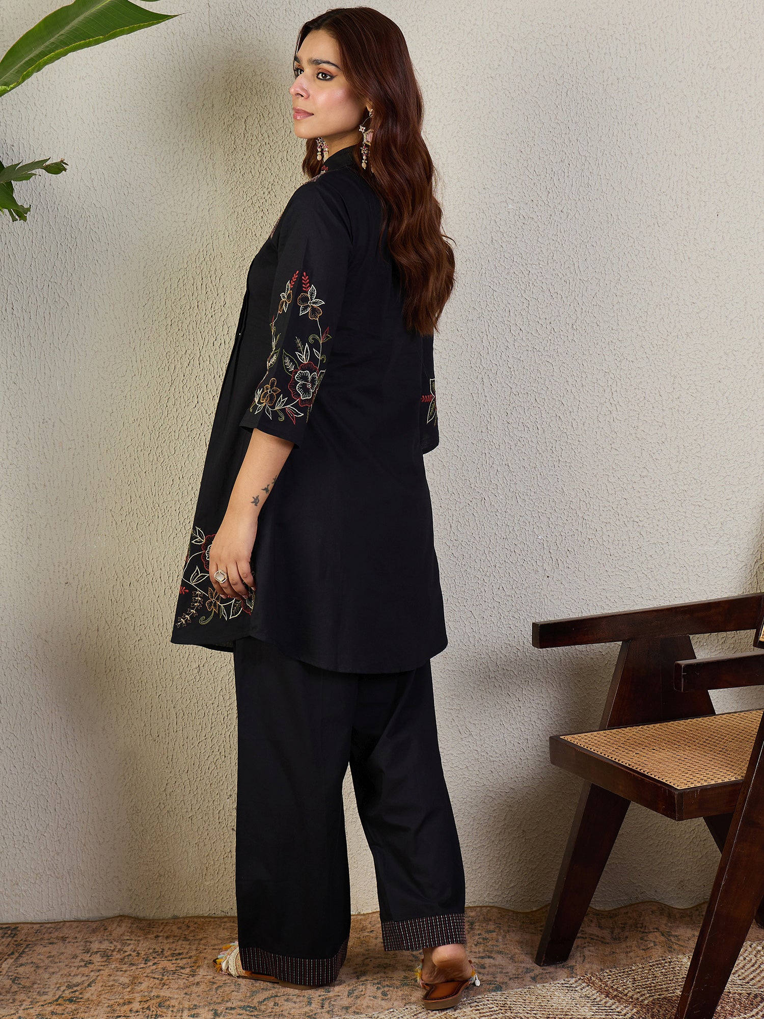 Indo Era Black Embroidered A-Line Kurta Trousers Set