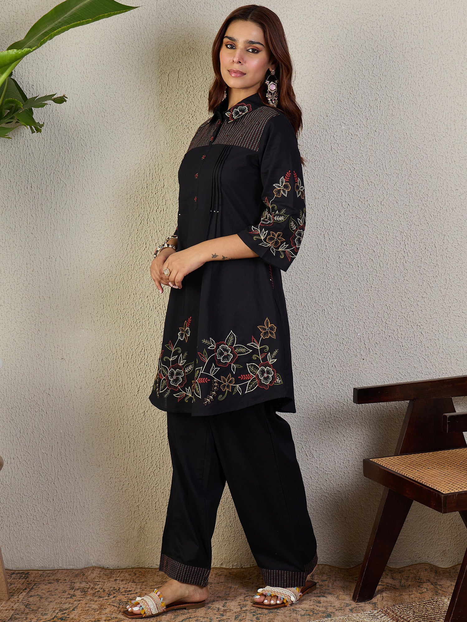 Indo Era Black Embroidered A-Line Kurta Trousers Set