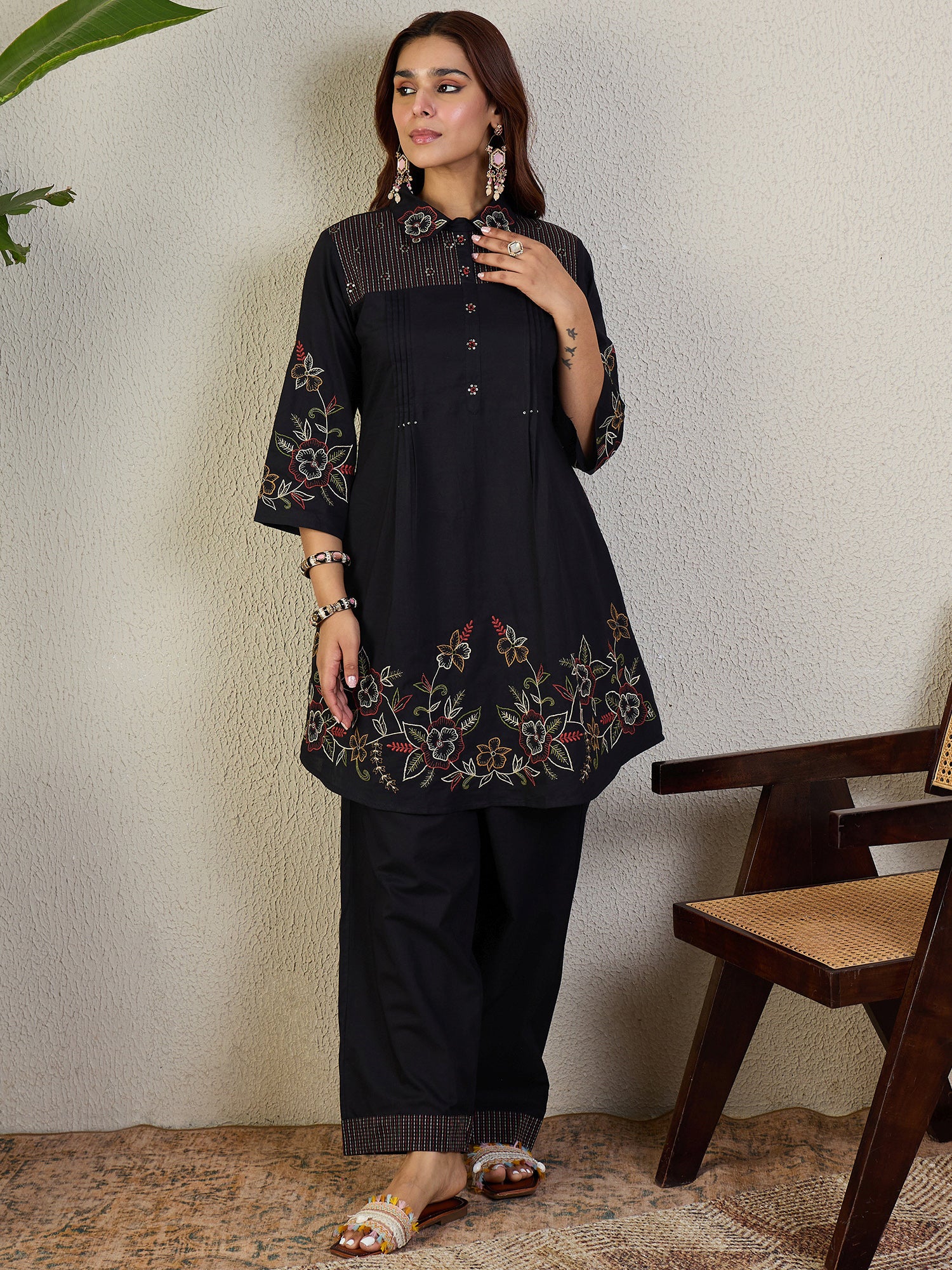 Indo Era Black Embroidered A-Line Kurta Trousers Set