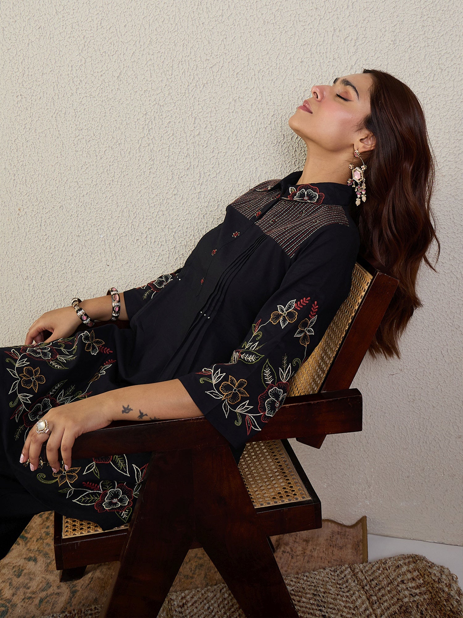 Indo Era Black Embroidered A-Line Kurta Trousers Set