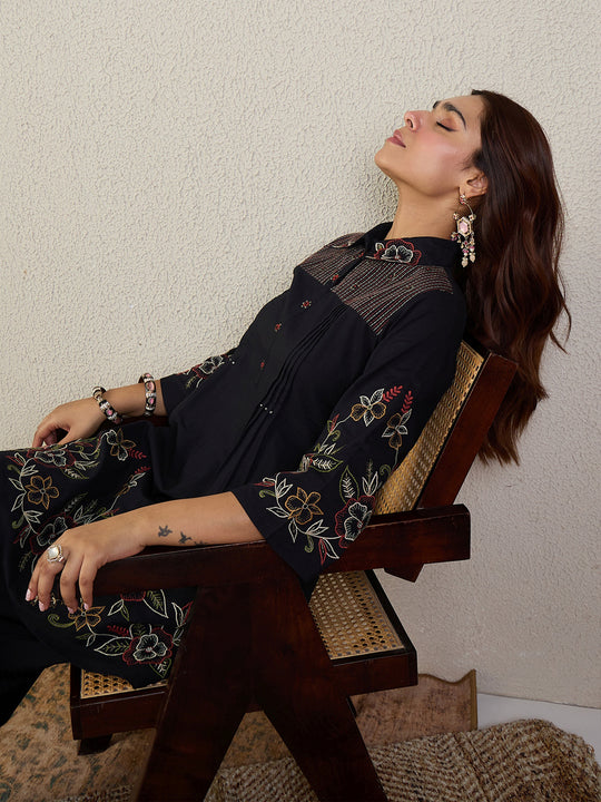 Indo Era Black Embroidered A-Line Kurta Trousers Set