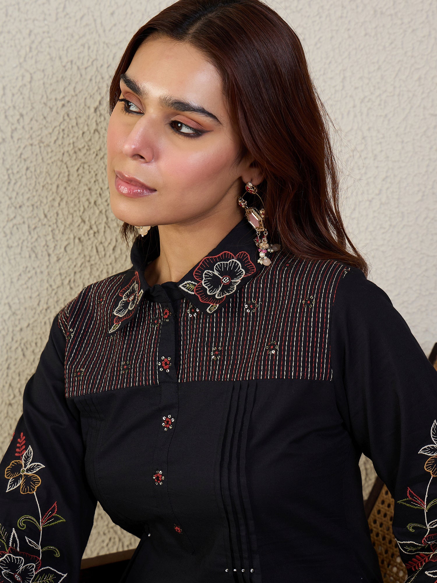 Indo Era Black Embroidered A-Line Kurta Trousers Set