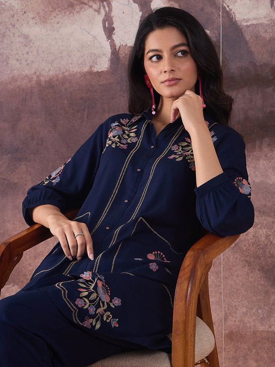 Indo Era Navy Blue Embroidered A-Line Kurta Trousers Set