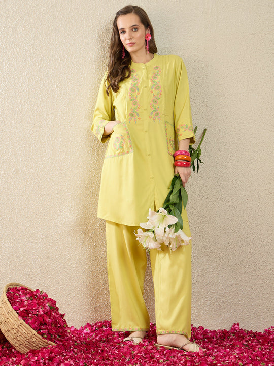 Indo Era Green Embroidered A-Line Kurta Palazzos Set