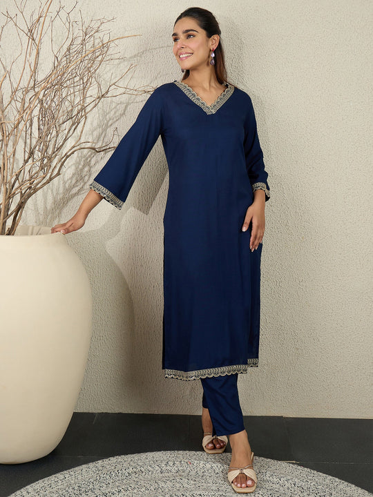 Navy Blue Embroidered Straight Viscose Rayon Kurta Sets