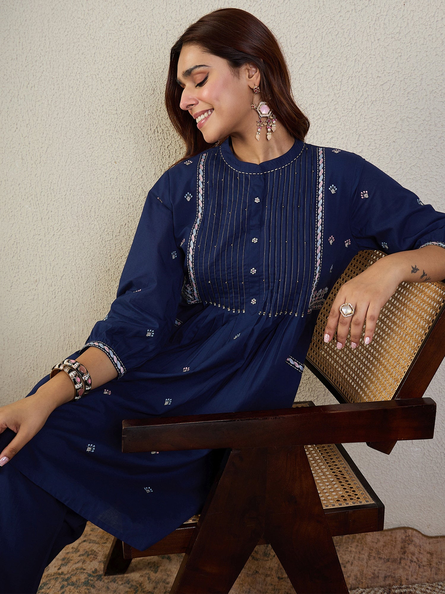 Indo Era Navy Blue Embroidered A-Line Kurta Trousers Set