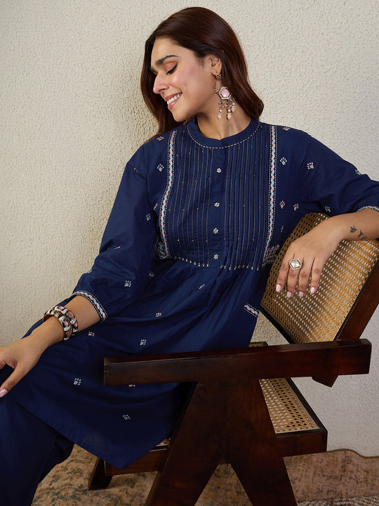 Indo Era Navy Blue Embroidered A-Line Kurta Trousers Set