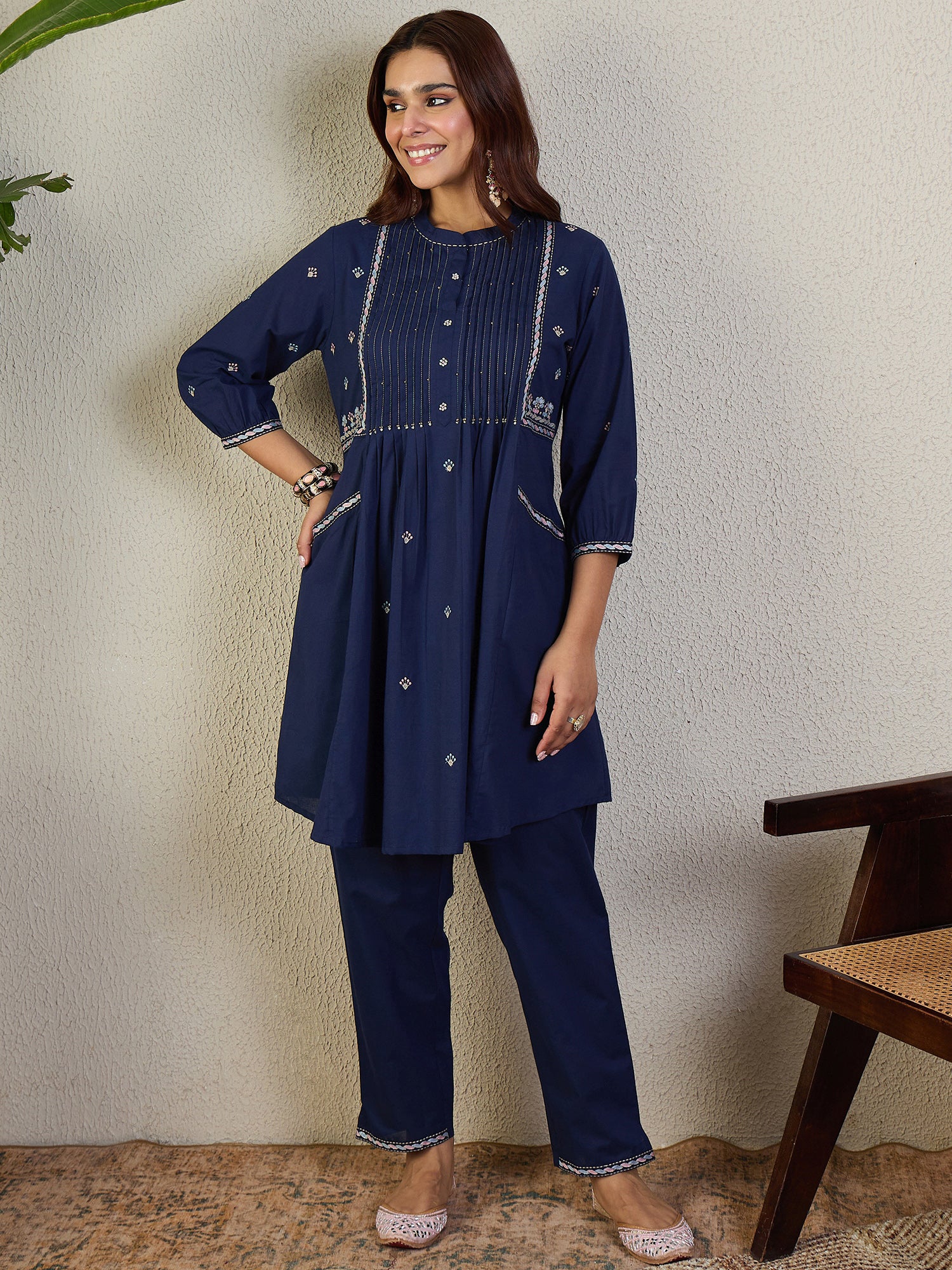 Indo Era Navy Blue Embroidered A-Line Kurta Trousers Set