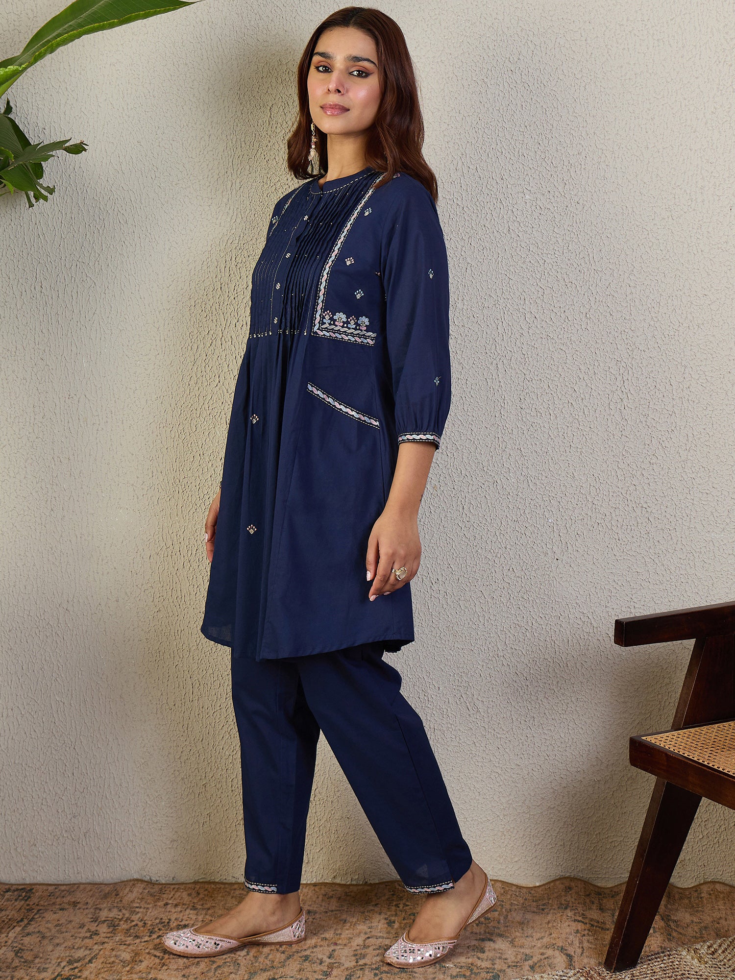 Indo Era Navy Blue Embroidered A-Line Kurta Trousers Set