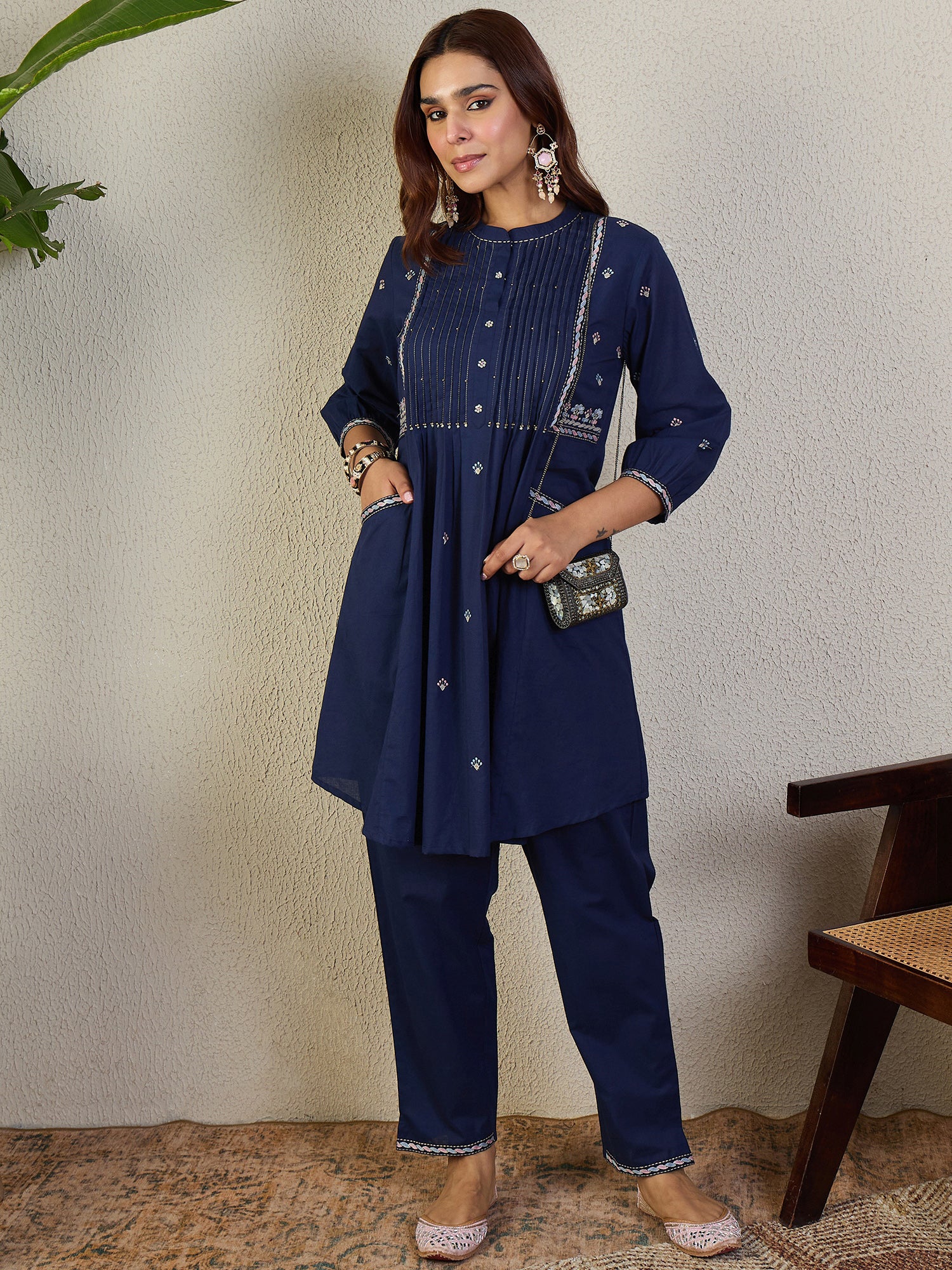 Indo Era Navy Blue Embroidered A-Line Kurta Trousers Set