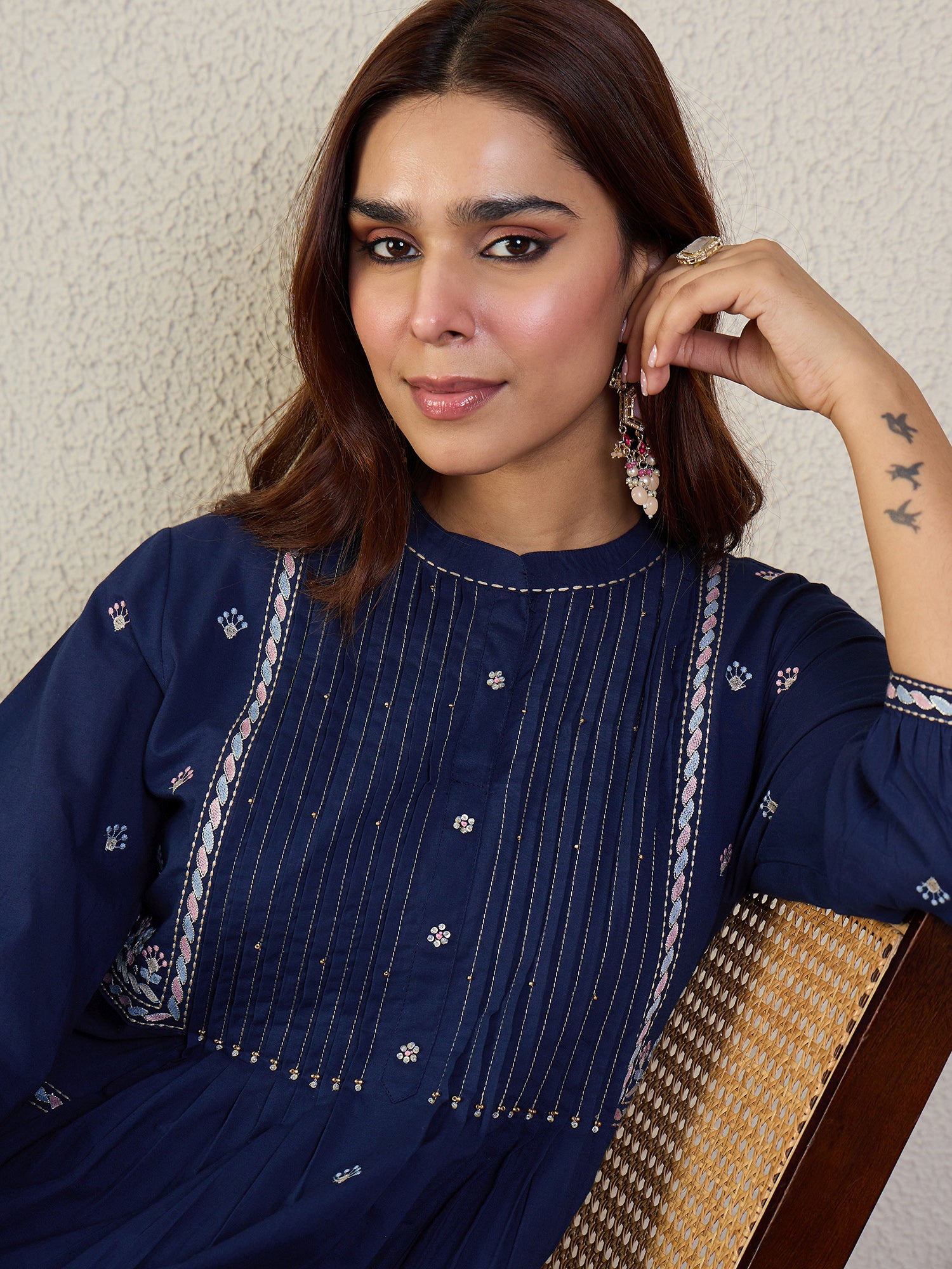 Indo Era Navy Blue Embroidered A-Line Kurta Trousers Set