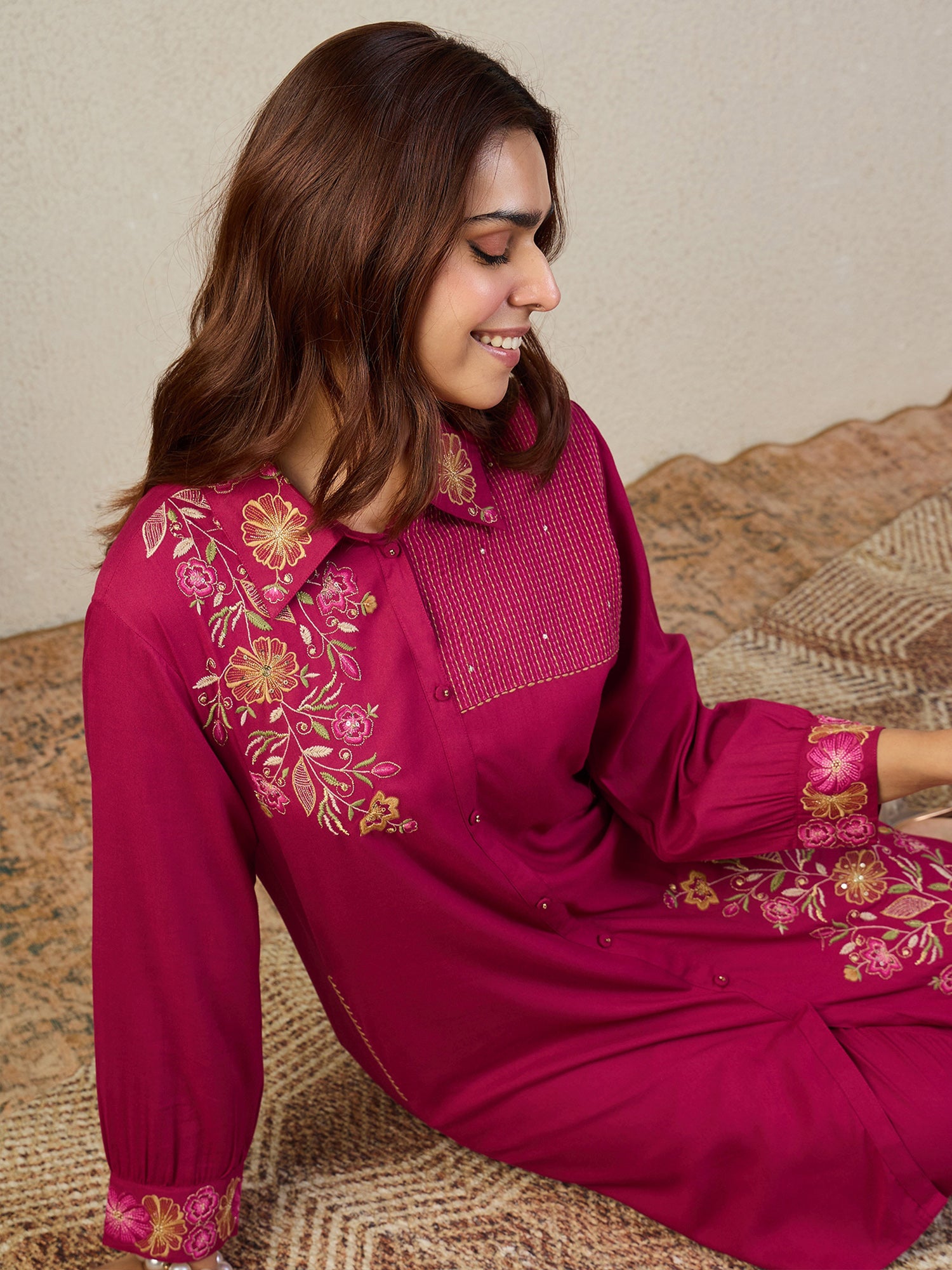 Indo Era Pink Embroidered A-Line Kurta Trousers Set