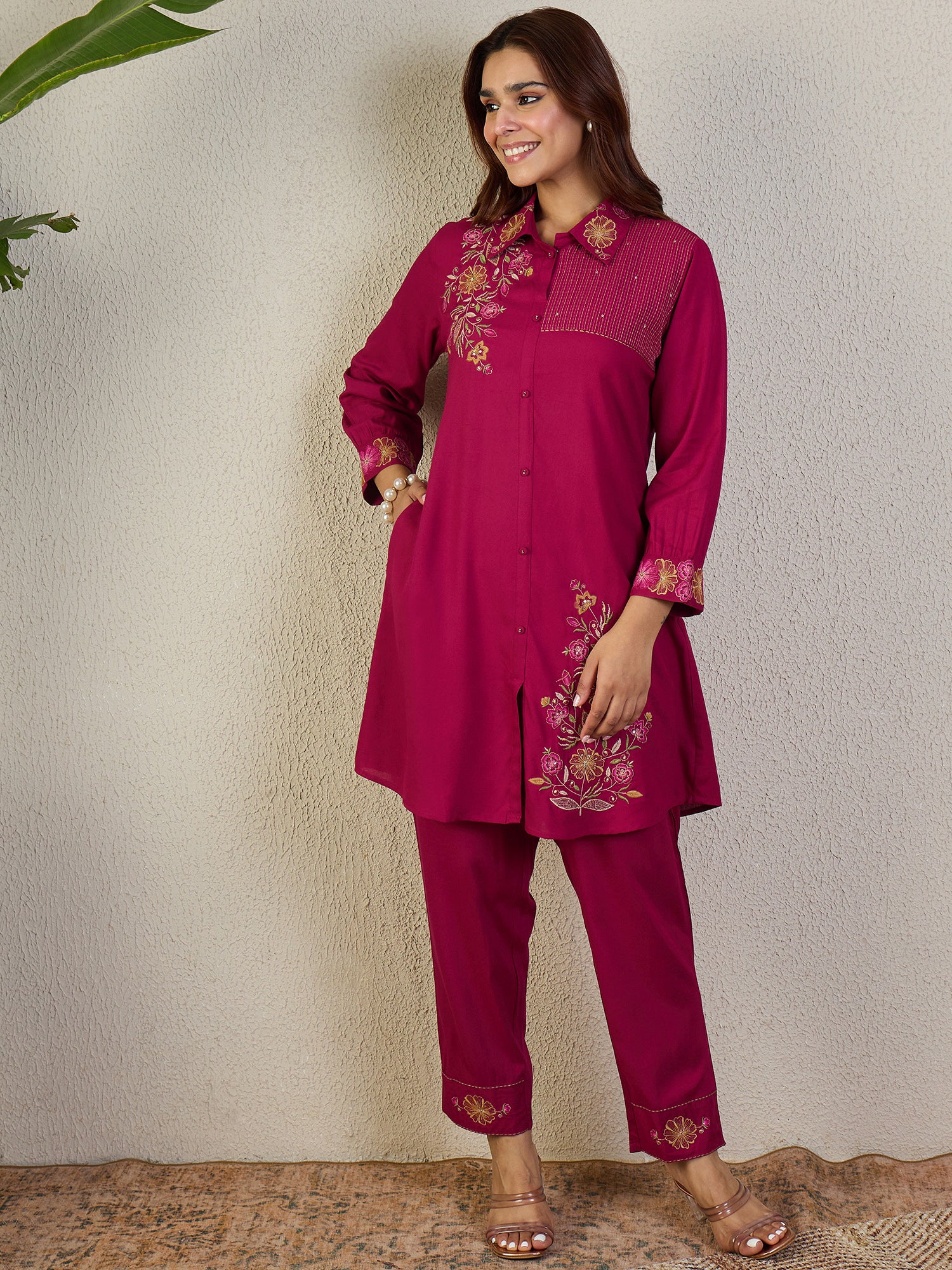 Indo Era Pink Embroidered A-Line Kurta Trousers Set
