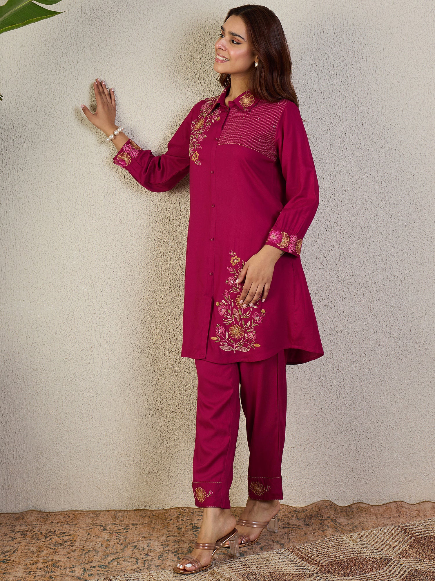Indo Era Pink Embroidered A-Line Kurta Trousers Set
