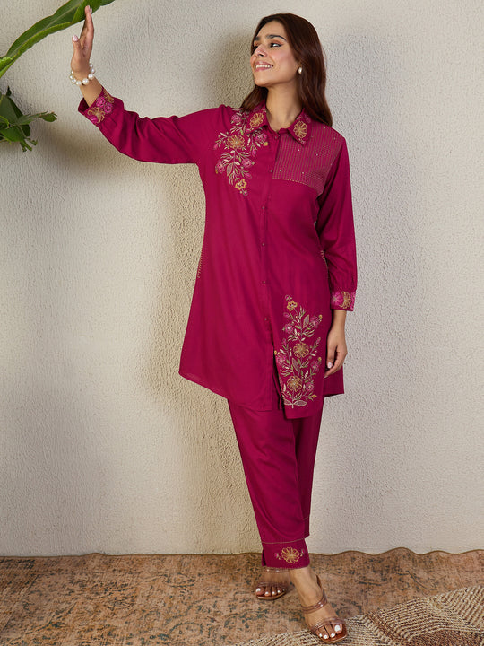 Indo Era Pink Embroidered A-Line Kurta Trousers Set