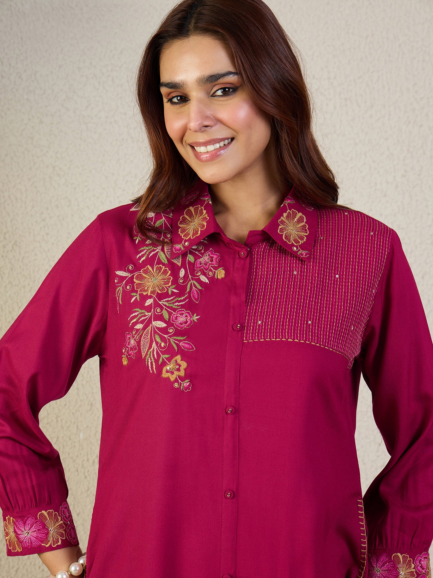 Indo Era Pink Embroidered A-Line Kurta Trousers Set