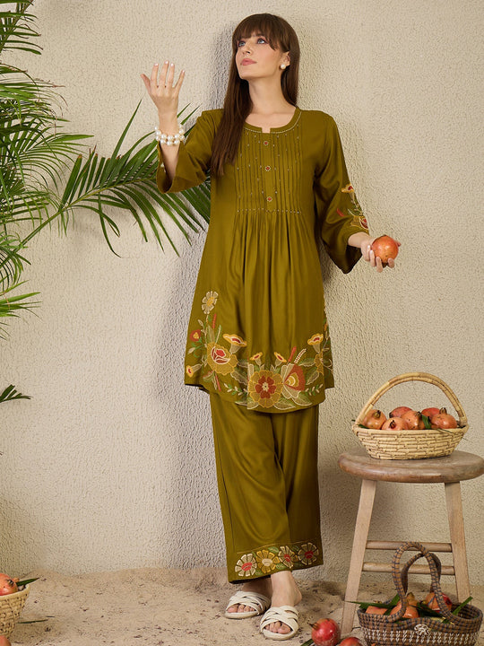 Olive Embroidered Viscose Rayon A-Line Kurta Palazzo Set