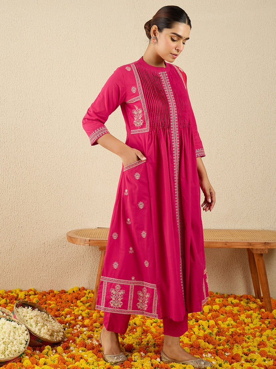 Pink Embroidered A-Line Pure Cotton Kurta Sets