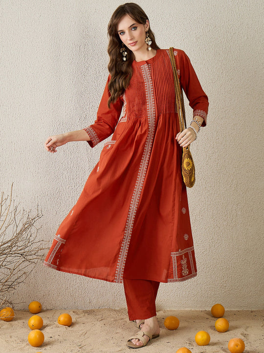Rust Embroidered Pure Cotton A-Line Kurta Trousers Set