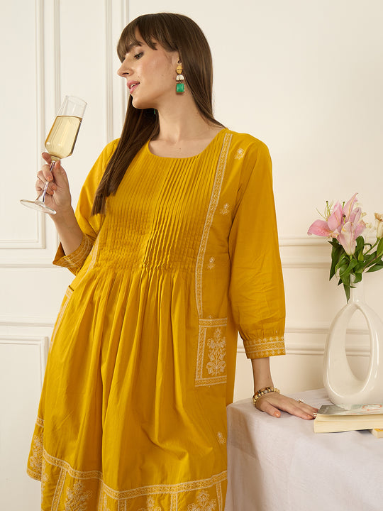 Mustard Embroidered Pure Cotton A-Line Kurta Trousers Set