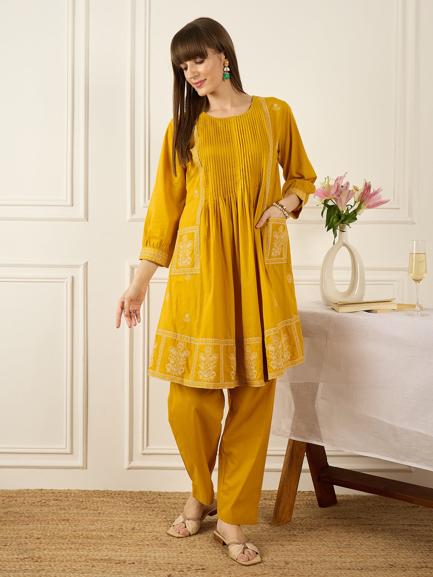 Mustard Embroidered Pure Cotton A-Line Kurta Trousers Set