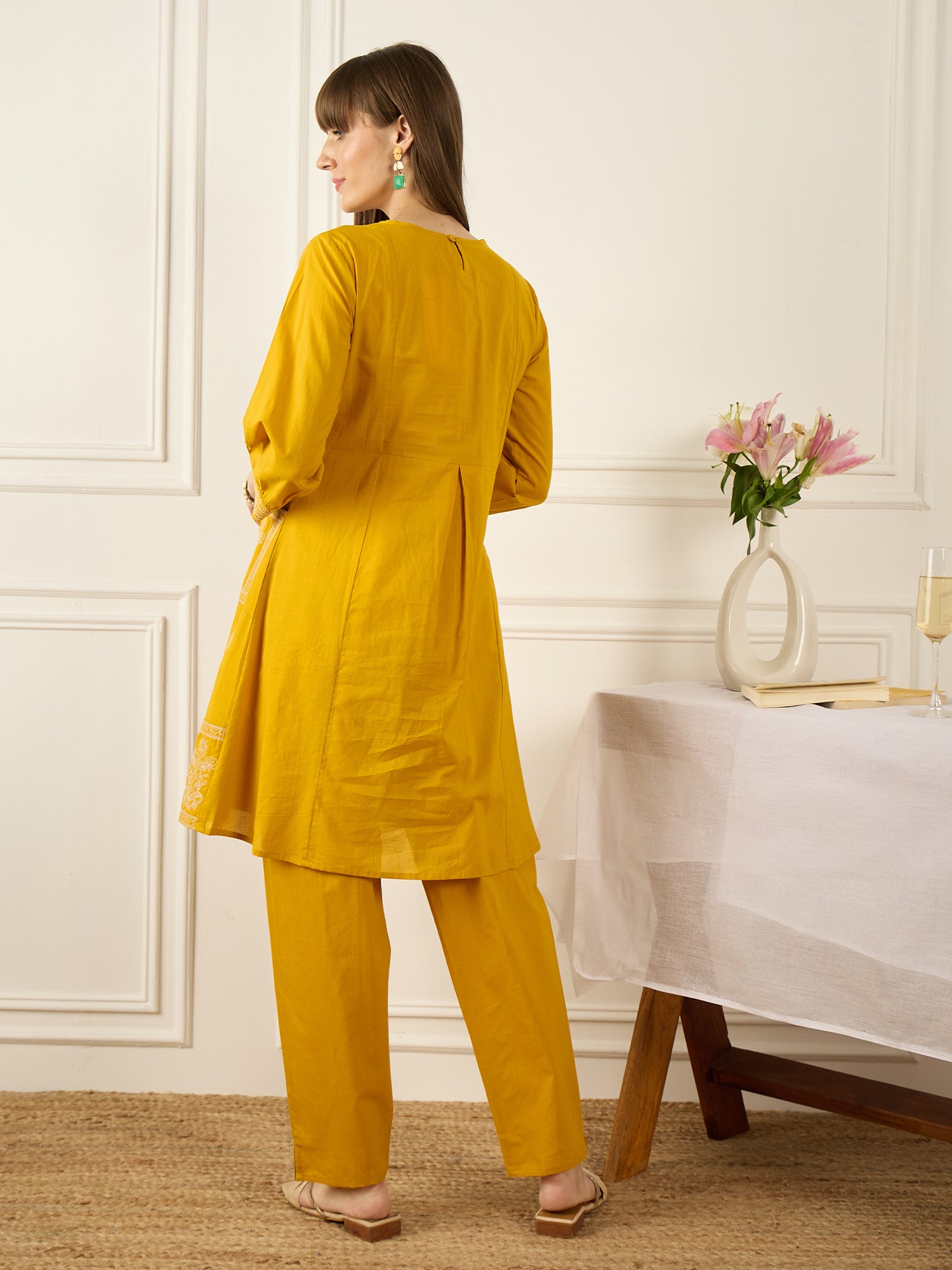 Mustard Embroidered Pure Cotton A-Line Kurta Trousers Set