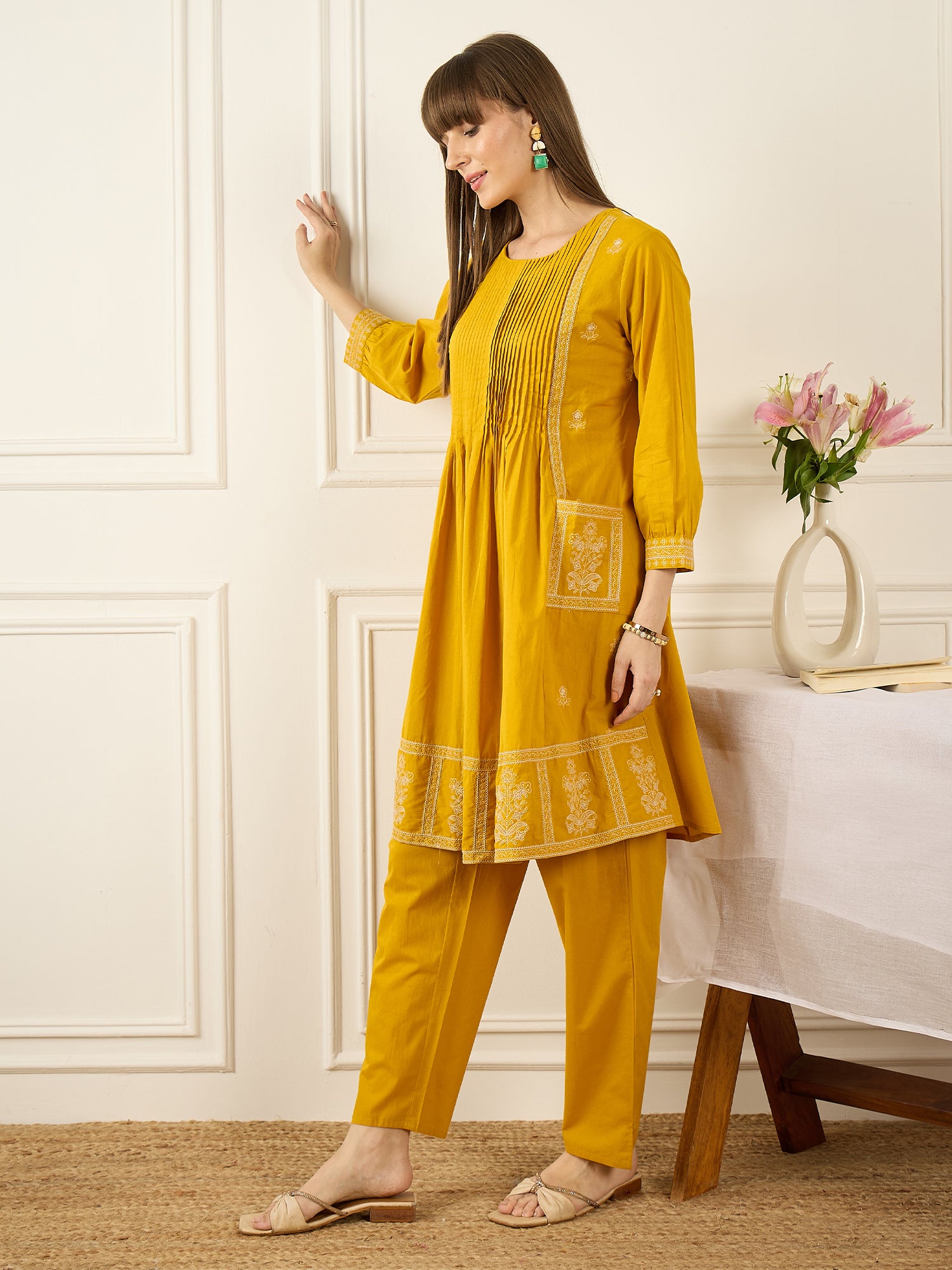 Mustard Embroidered Pure Cotton A-Line Kurta Trousers Set