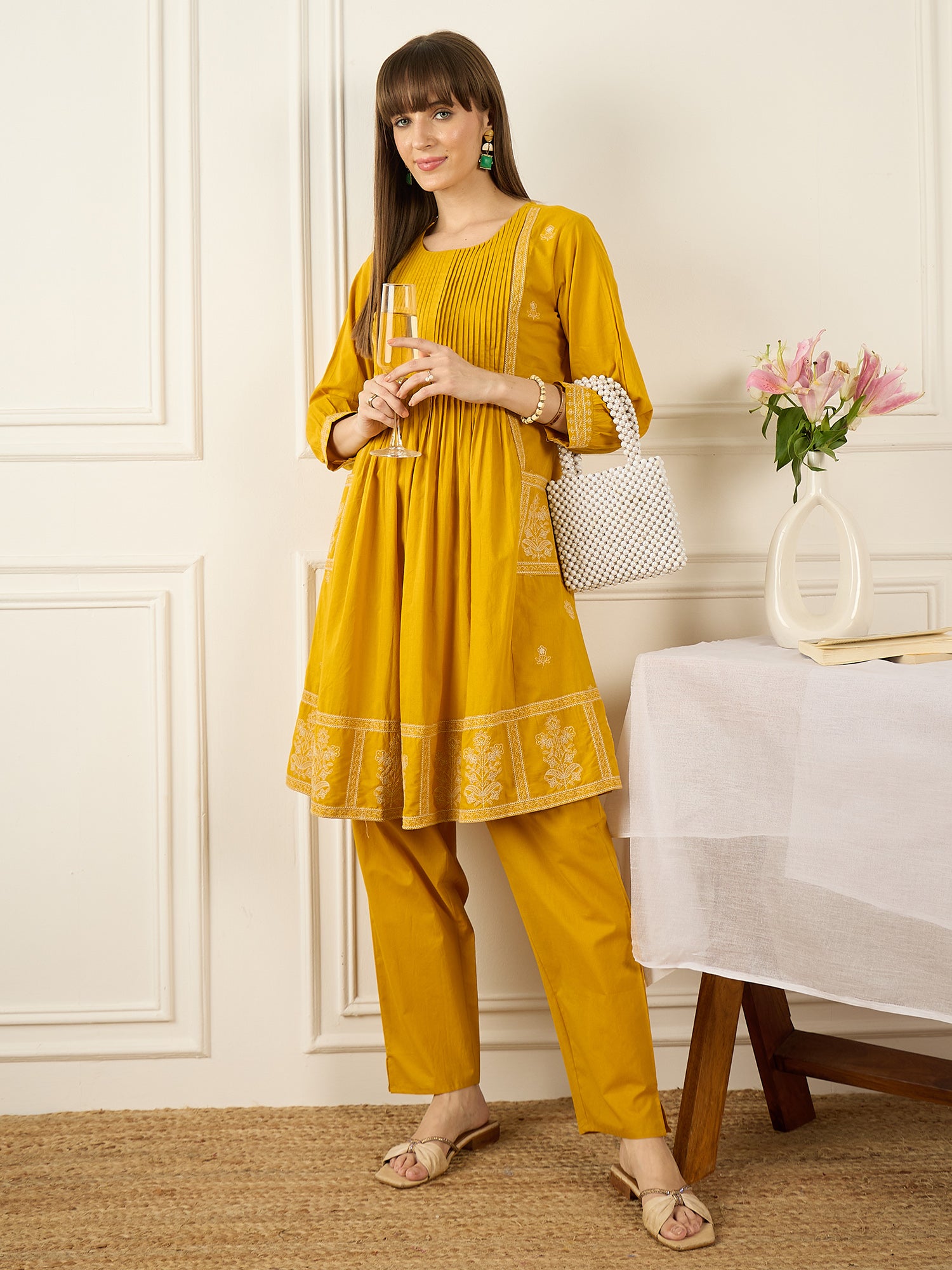 Mustard Embroidered Pure Cotton A-Line Kurta Trousers Set