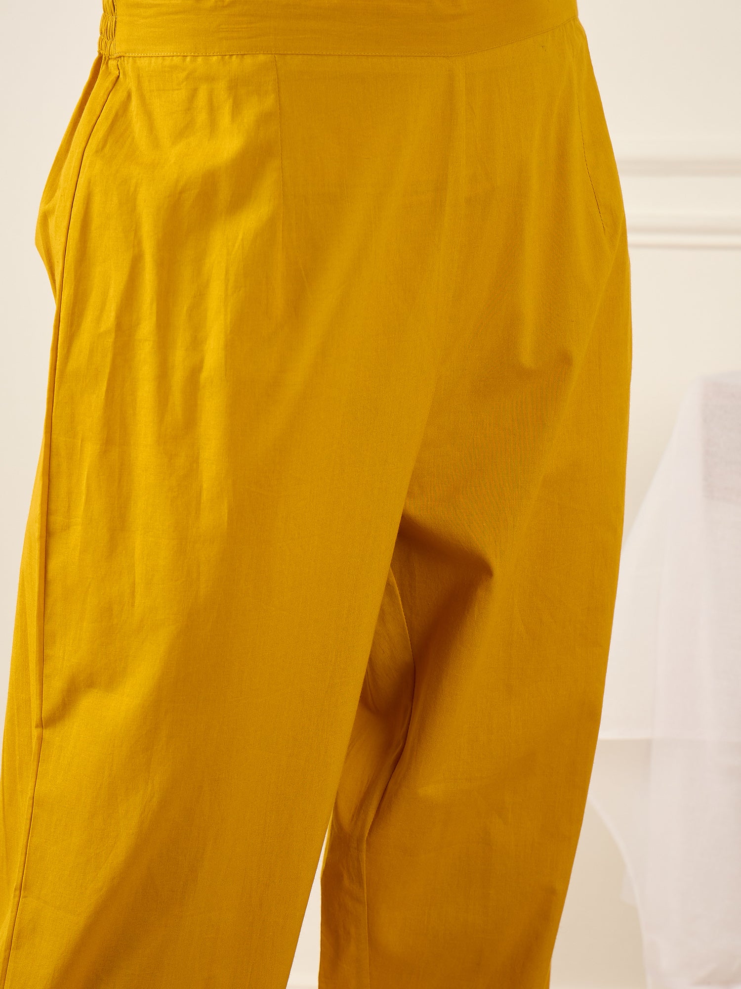 Mustard Embroidered Pure Cotton A-Line Kurta Trousers Set