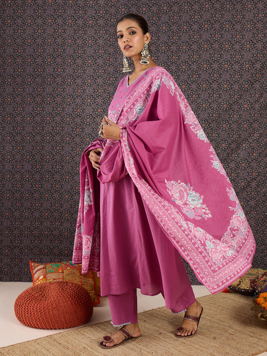 Indo Era Pink Embroidered Straight Kurta Trousers With Dupatta set