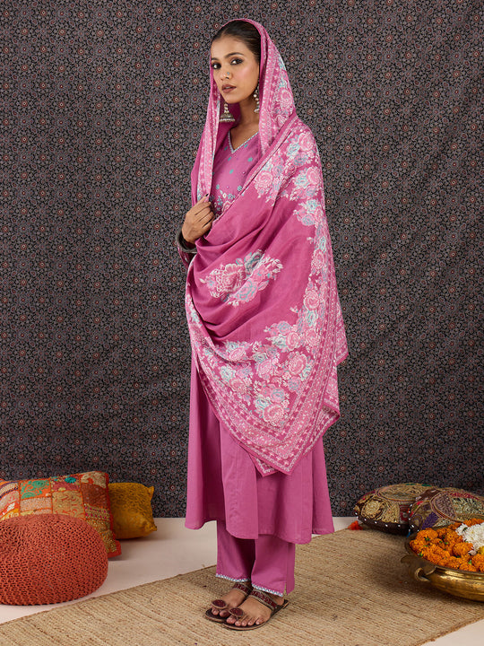Indo Era Pink Embroidered Straight Kurta Trousers With Dupatta set