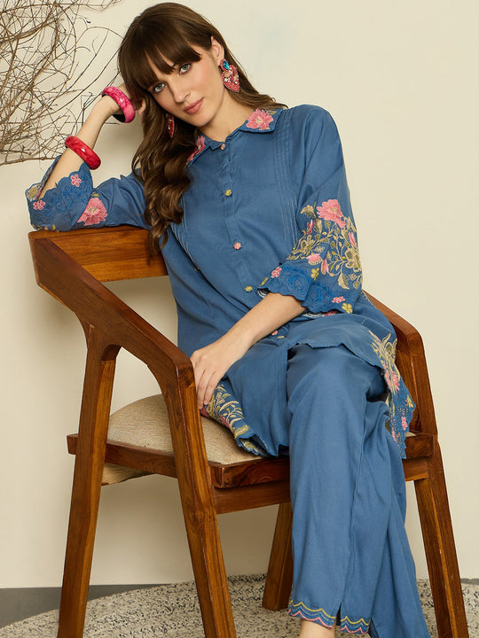 Blue Embroidered Viscose Rayon Straight Kurta Trouser Set