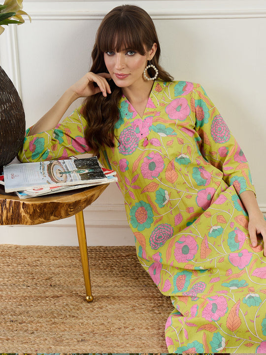 Yellow Printed Pure Cotton A-Line Kurta Sets