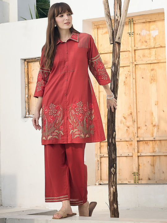 Rust Embroidered Pure Cotton A-Line Kurta Trousers Set